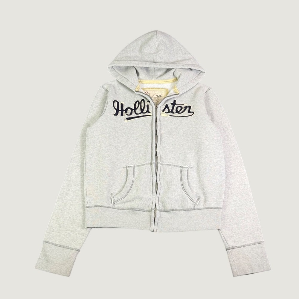 Hollister Mens Full Zip Hoodie Heather Gray Navy Blue Applique Logo Size M